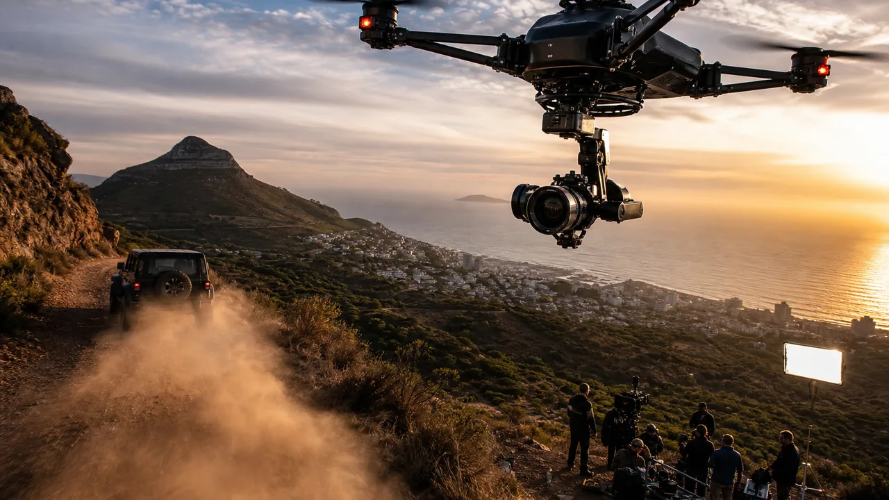 Cinema drone with professional camera over film set