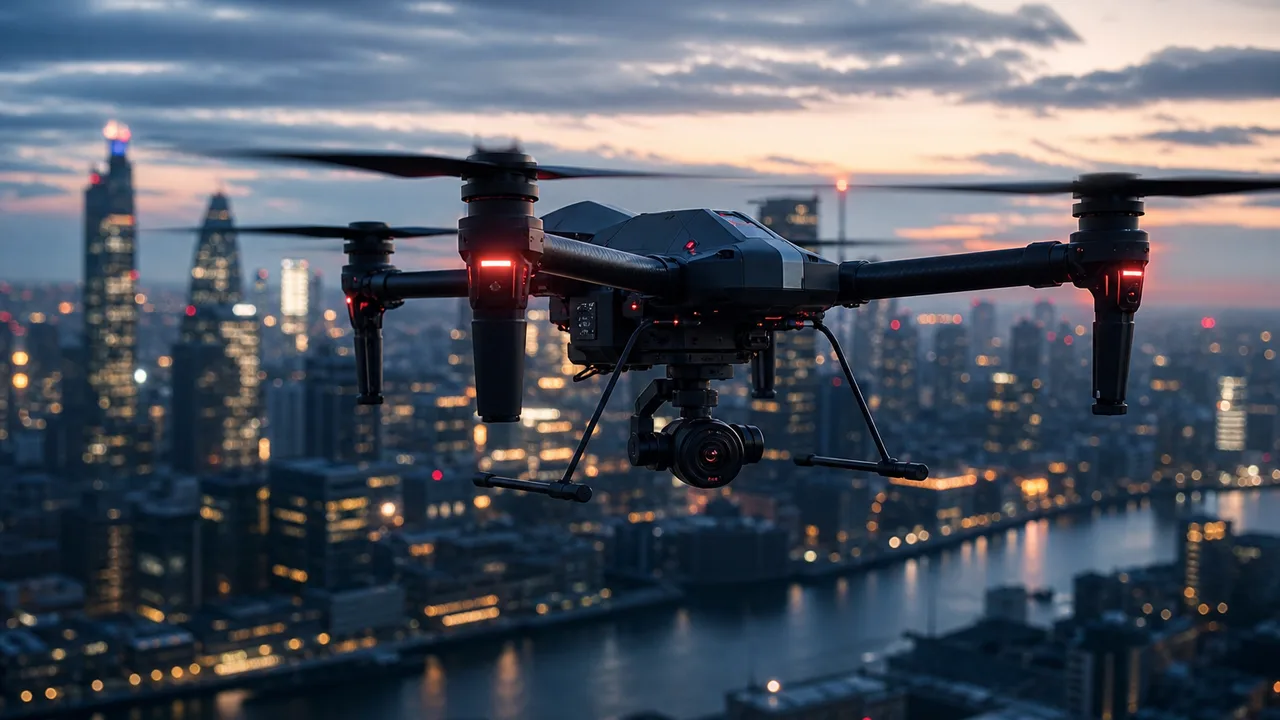 Drone providing aerial surveillance over urban area