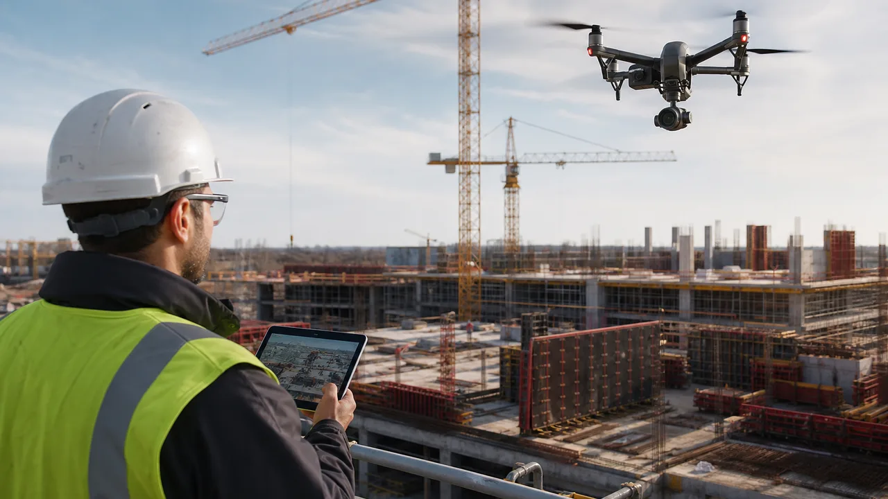 Drone surveying an active construction site
