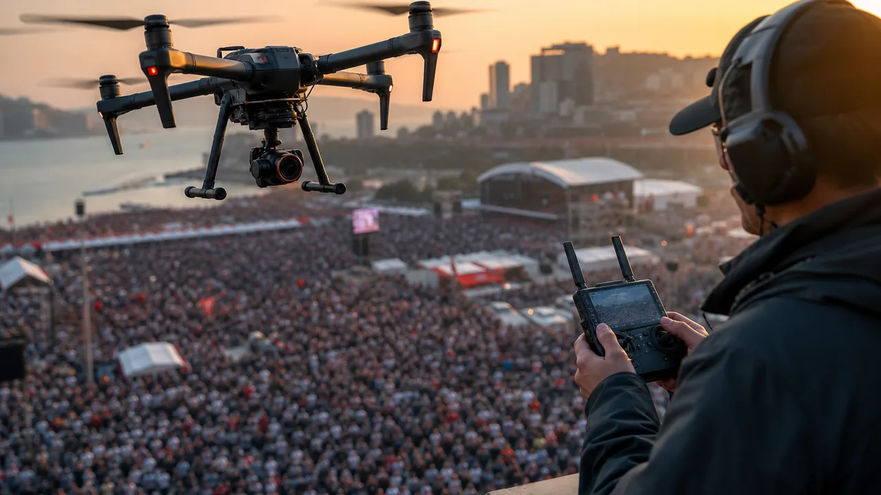 Drone monitoring a large public gathering from above