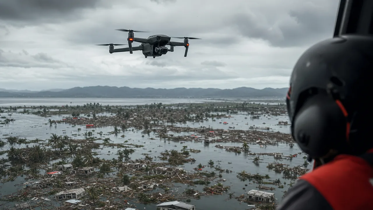 Drone mapping flood-affected disaster zone