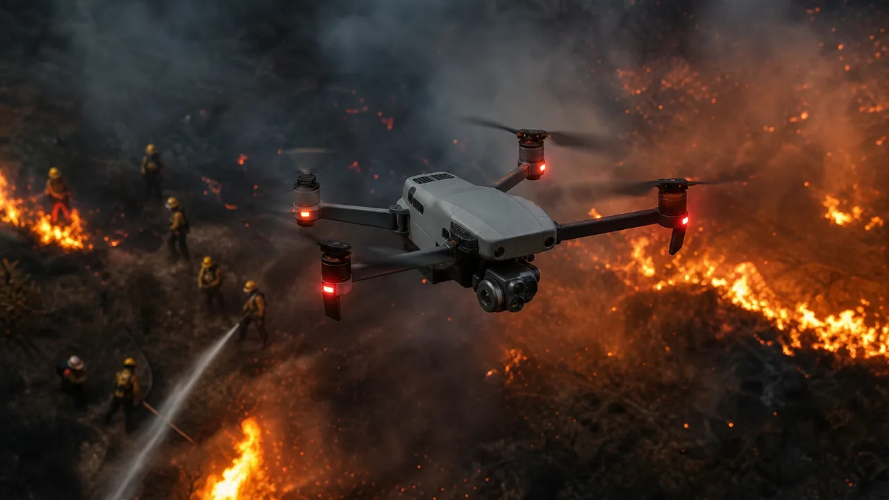 Thermal drone monitoring wildfire perimeter