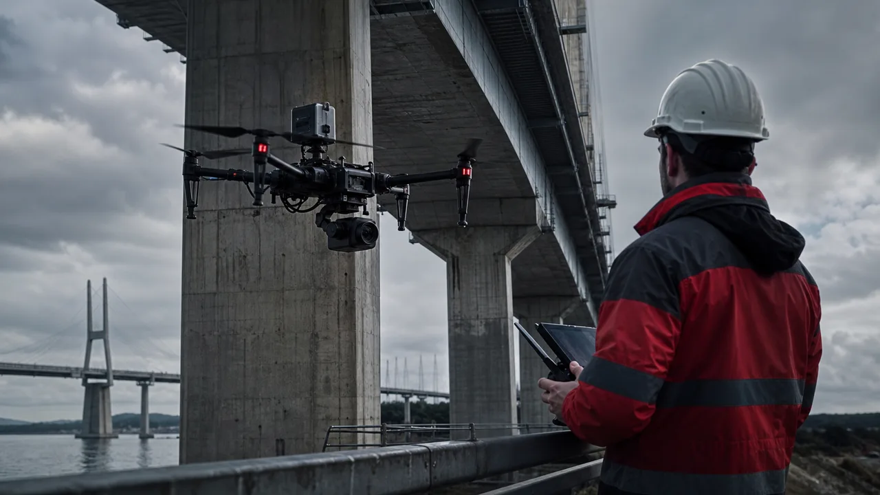 Drone inspecting a large bridge structure