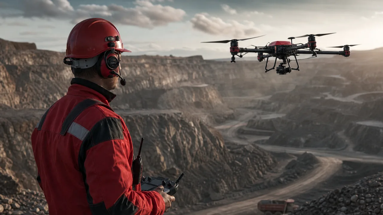 Drone surveying an open-pit mining quarry