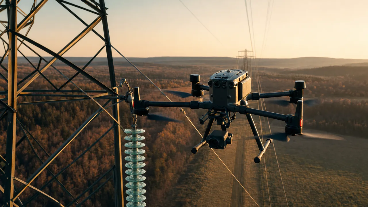 Drone inspecting high-voltage transmission towers