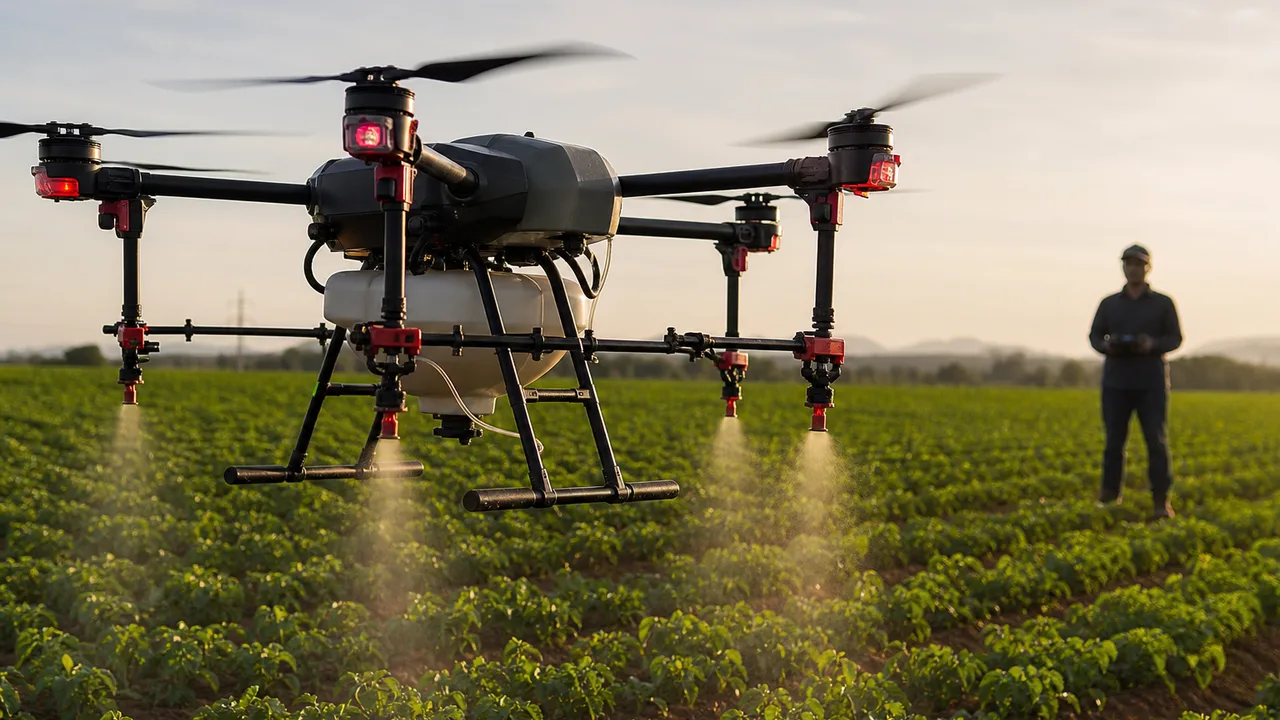 Agricultural spraying drone operating over crop rows