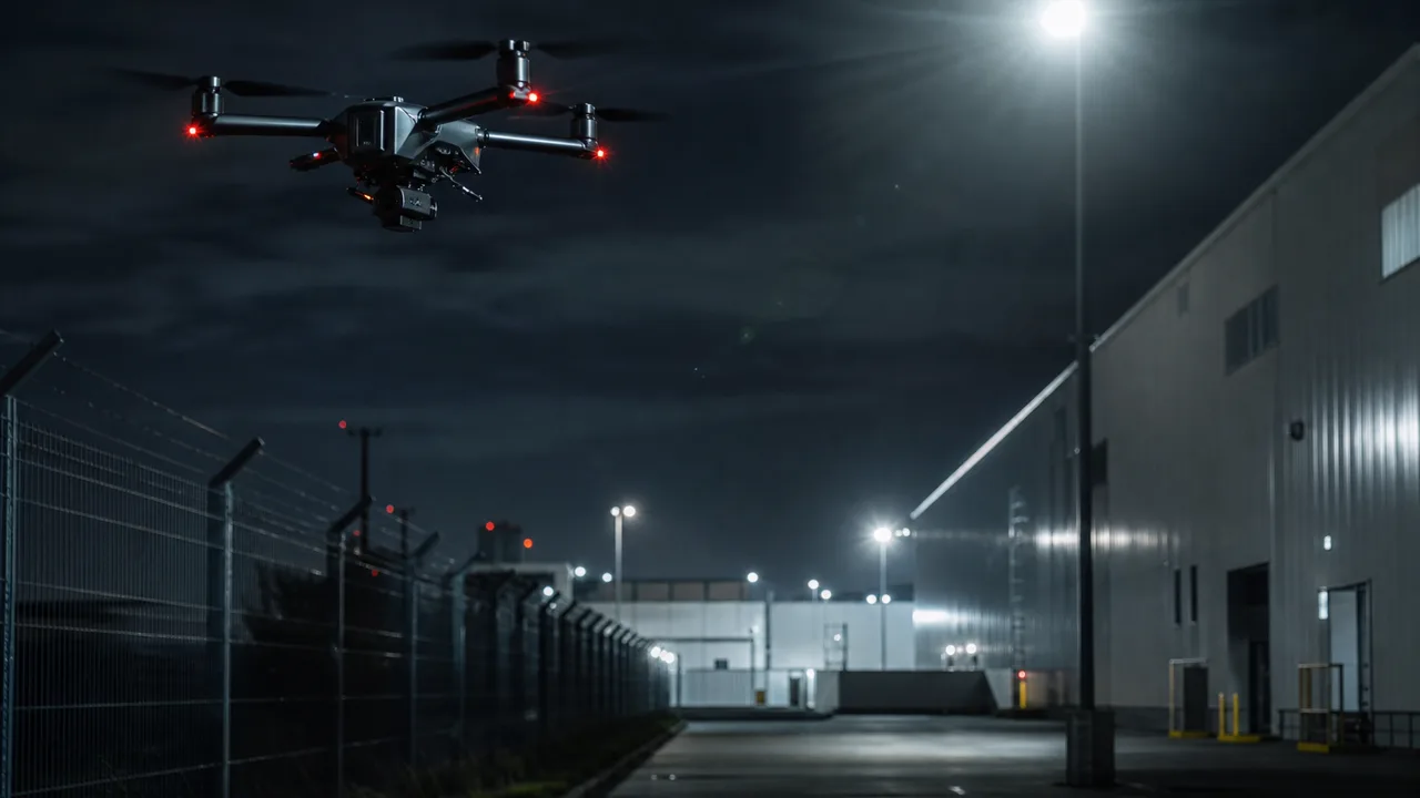 Security drone patrolling industrial facility perimeter