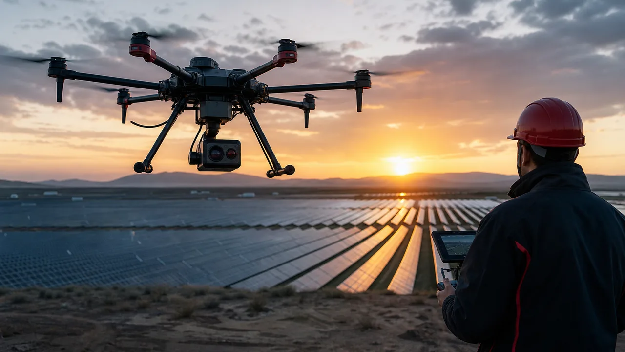 Thermal inspection drone over a solar power farm