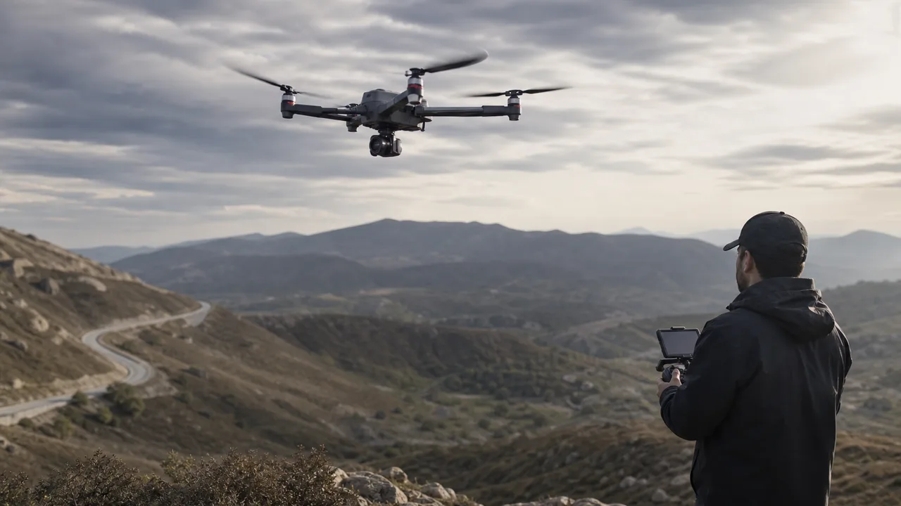 Mapping drone conducting aerial survey over terrain