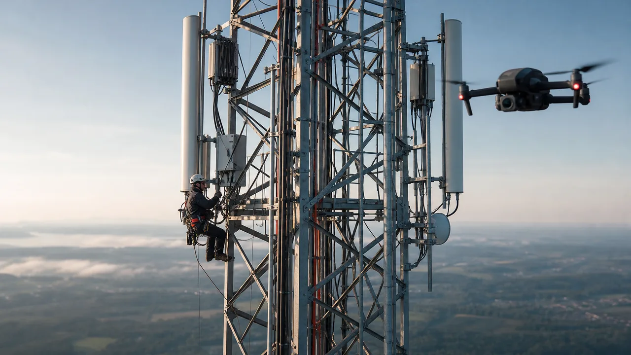 Drone inspecting telecommunications tower