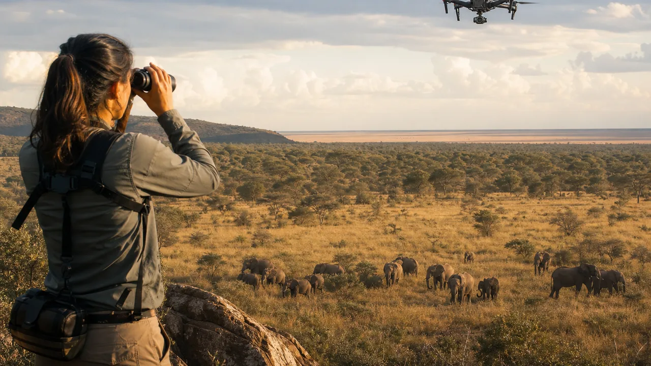Drone monitoring wildlife in natural habitat