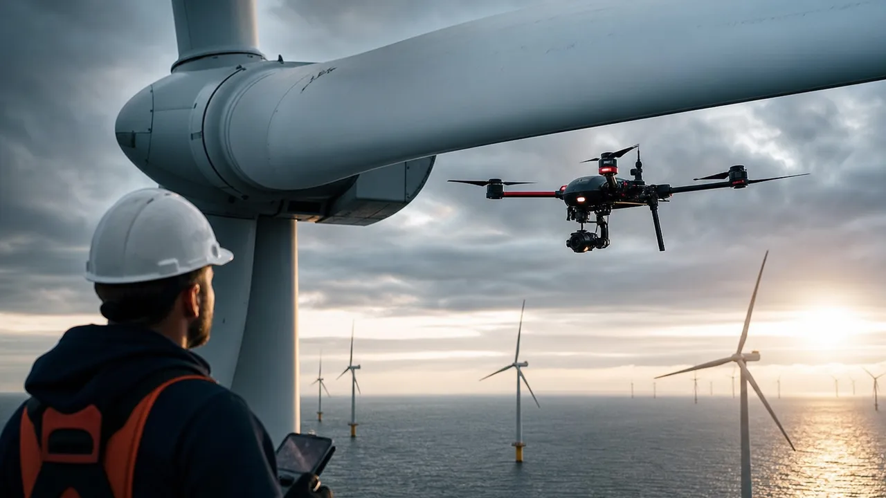 Industrial drone inspecting wind turbine blades