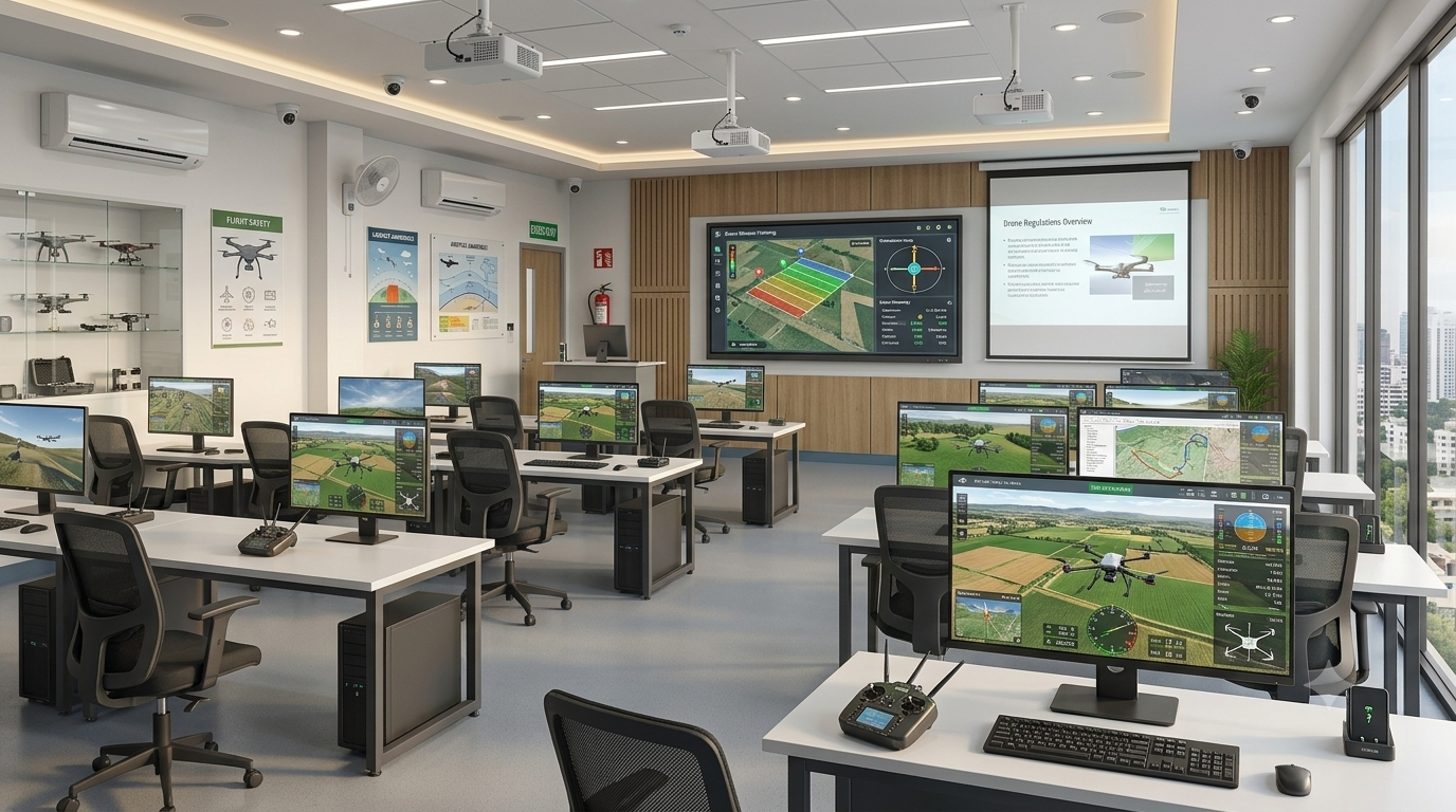 Smart classroom with briefing screens and simulator workstations
