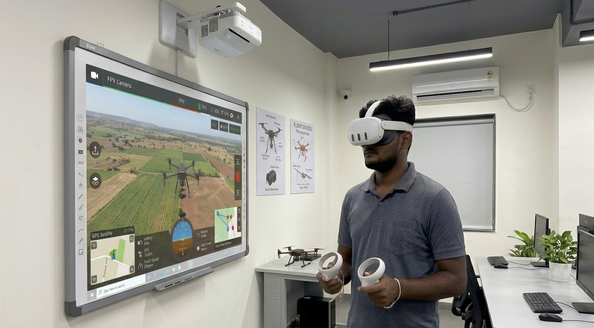 Student in VR headset with drone controller in the HDS simulation lab