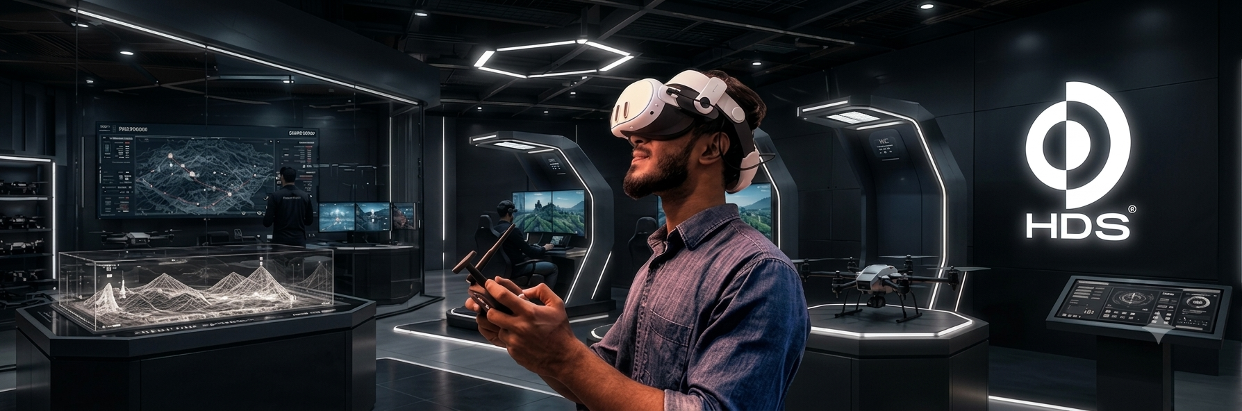 Student in VR headset with drone controller in the HDS simulation laboratory